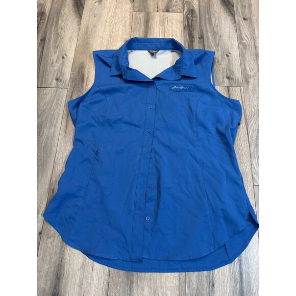 Eddie Bauer Womens Blue Sleeveless Button-Down Shirt Large Polyester - Picture 1 of 12